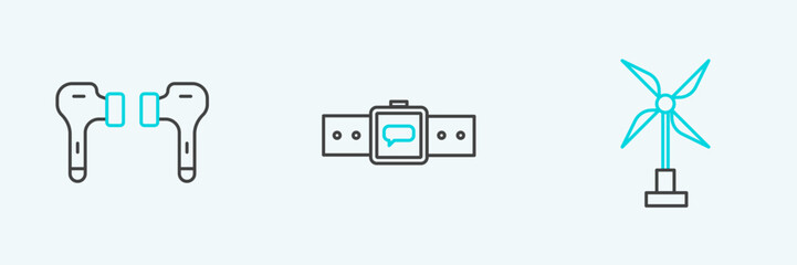 Fototapeta premium Set line Wind turbine, Air headphones and Smartwatch icon. Vector