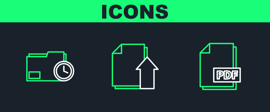 Set line PDF file document, Document folder with clock and Upload icon. Vector