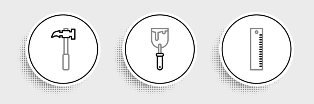 Set line Ruler, Claw hammer and Putty knife icon. Vector