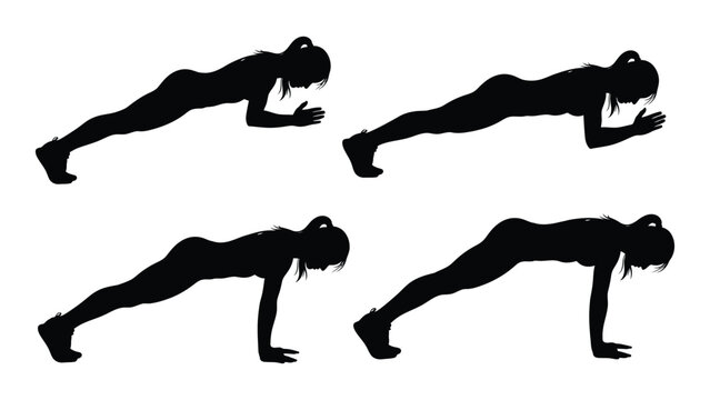 Silhouette illustrations depicting a woman performing a push up exercise in four stages