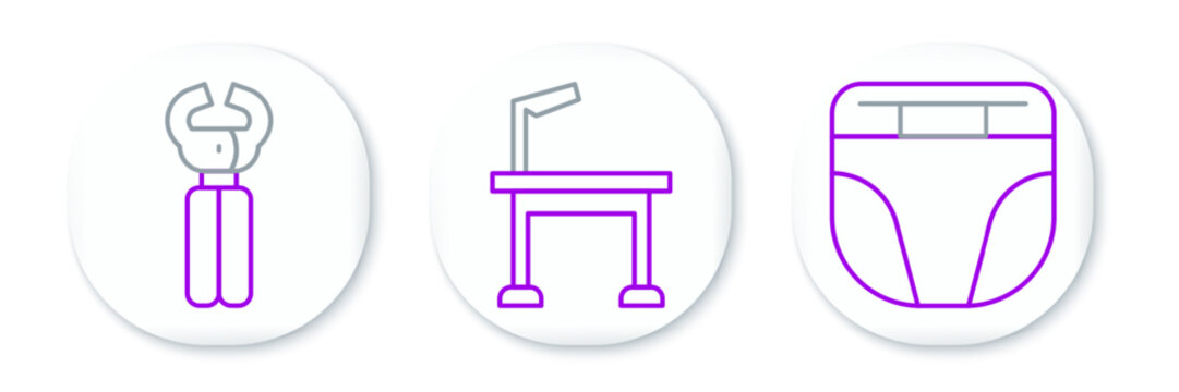 Set line Diaper for dog, Pet nail clippers and grooming table icon. Vector