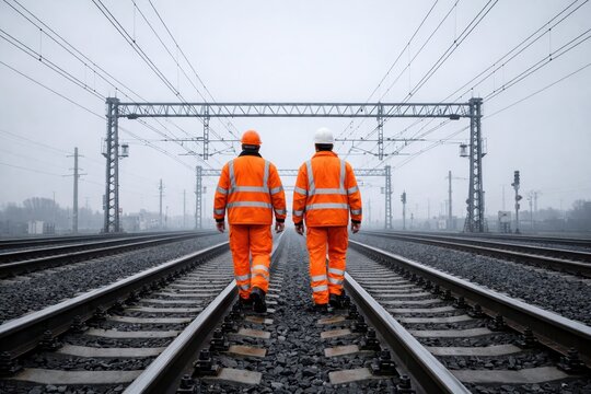 Rails Inspectors: A study of railway workers walking down the railway track, with high-voltage overhead lines. The sky is overcast and the atmosphere is solemn.