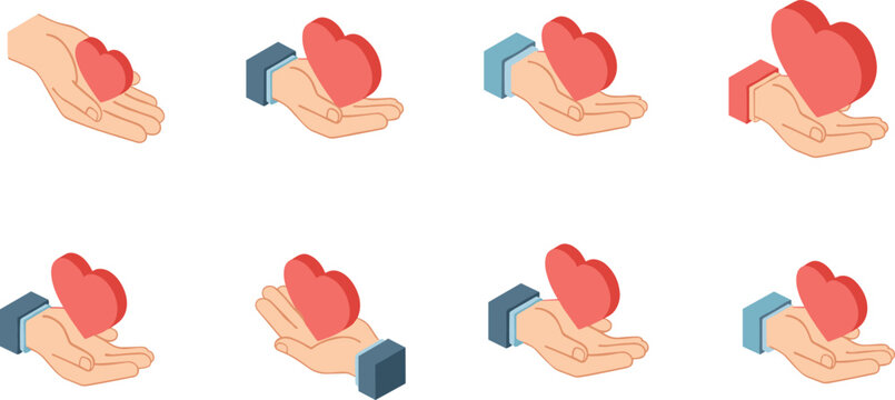 Isometric 3D Hand Holding Heart Icon Set for Digital Charity Donations, Healthcare Support, Social Media Appreciation, and Modern Business Giving Concept Illustrations