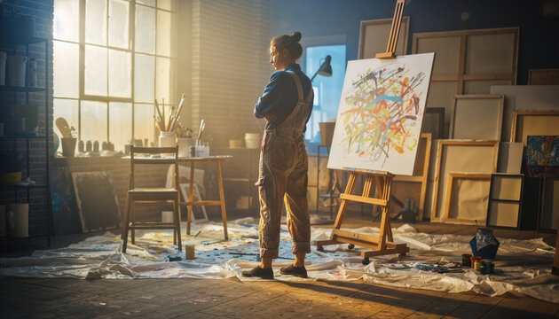 Female Artist Reflecting in Sunlit Industrial Art Studio