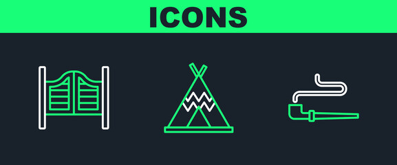 Set line Smoking pipe, Saloon door and Indian teepee wigwam icon. Vector © Oksana