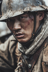 Fototapeta premium Chinese Soldier war closeup portrait with muddy helmet and injured face showing pain fatigue and harsh reality of brutal battlefield conditions