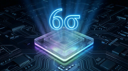 Fototapeta premium Bright blue glowing Six Sigma symbol over a conceptual transparent processor on a dark circuit board