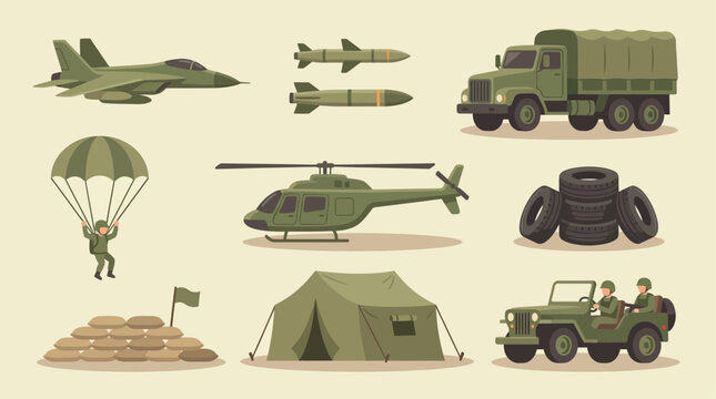 Military equipment icon set, flat vector illustration, simple cartoon style, army green color palette, isolated on light background, collection of military objects including fighter jet, missiles, arm