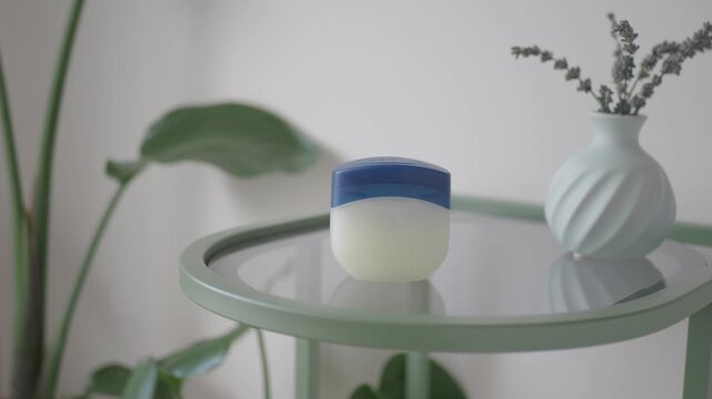 A close up shot of vaseline jelly jar and a vase on a green and glass table in a minimal interior with a plant in background, soft morning light, smooth camera movement
