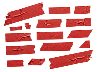 Fototapeta premium Assorted red sticky tape pieces with ripped edges and natural wrinkles, ideal for graphic design projects and accents.