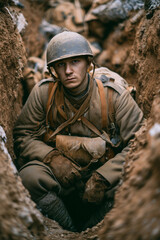 Fototapeta premium Russian Soldier war trench sitting alone in muddy battlefield wearing helmet and gear showing exhaustion fear and brutal frontline conditions