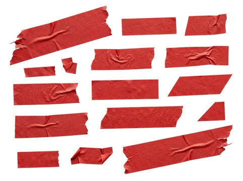 Assorted red sticky tape pieces with ripped edges and natural wrinkles, ideal for graphic design projects and accents.