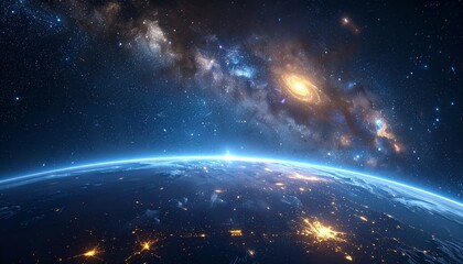 Obraz premium Stunning View of Earth from Space with Milky Way Galaxy and City Lights.