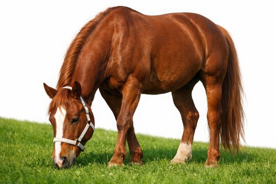 Chestnut horse grazing on green grass hill, brown stallion with white face marking on white background, equestrian farm animal in summer pasture