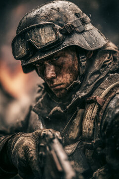 European Soldier war closeup with goggles and muddy face aiming weapon in battlefield showing readiness and tactical awareness