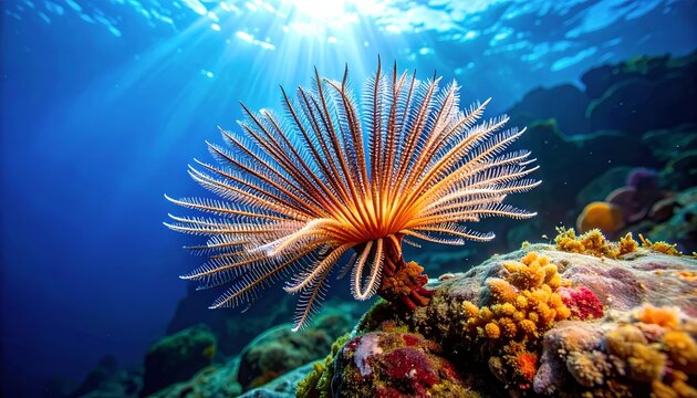 Underwater Feather Duster Worm on Coral Reef with Sun Rays.