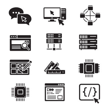 Computer technology web development and data server black icons
