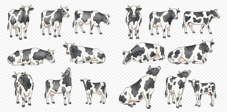 Set of black and white dairy cows in various poses, including standing, sitting, and grazing, isolated on a transparent background.