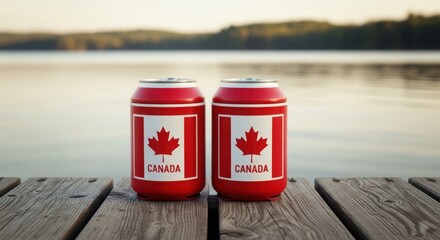 Obraz premium Celebrating Canada Day with two red cans on a wooden dock by a serene lake