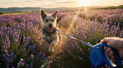 A cheerful dog on a retractable leash runs through a beautiful lavender field at sunset.