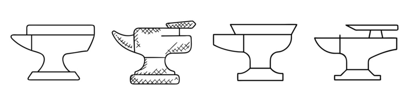 Four stylized blacksmith anvils in a row, various shapes and designs