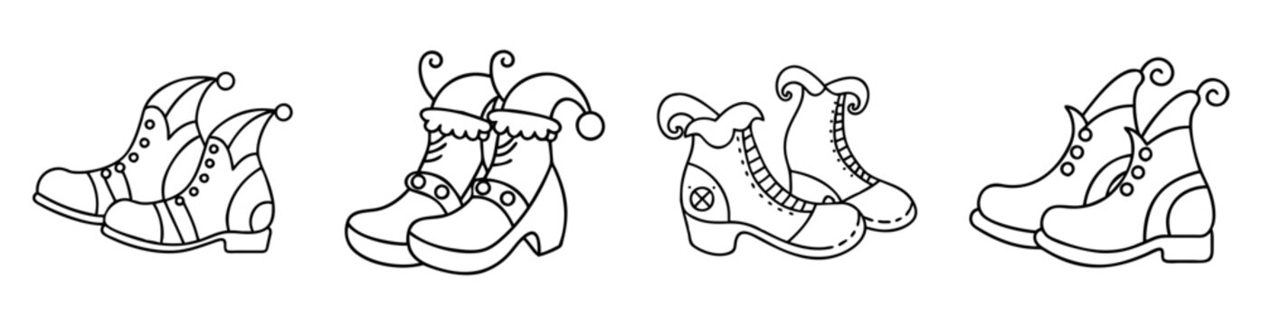 A collection of whimsical outline drawings of elf boots and shoes