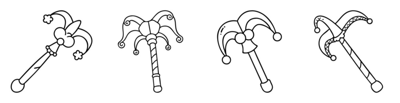 Collection of whimsical jester scepters or harlequin wands in outline style