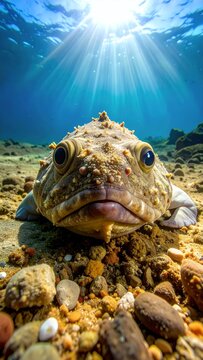 Close-up of a well-camouflaged stonefish on the seabed with sun rays piercing through the clear blue water.