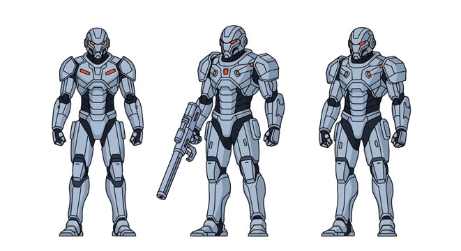 Three futuristic armored soldiers standing in formation with one holding a weapon a military sci fi concept art presentation
