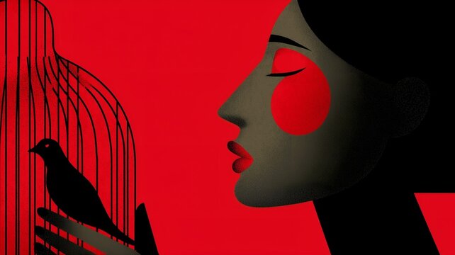 surreal woman profile with birdcage and black bird illustration
