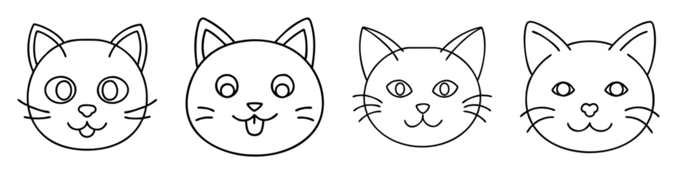 Four cute cat heads, outlined in black and white, a playful collection