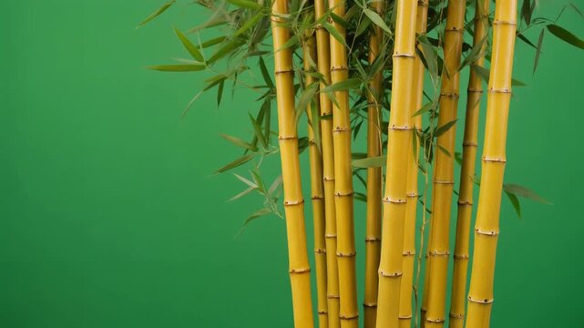 Vibrant golden bamboo stalks with lush green leaves thriving against a serene emerald backdrop, symbolizing growth and natural beauty