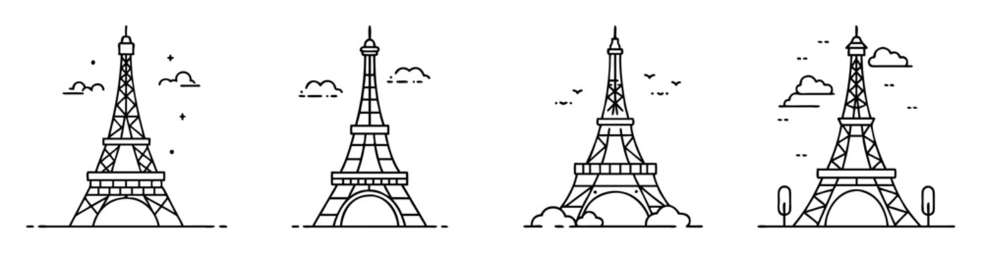Four minimalist line art drawings of the Eiffel Tower with cloud details