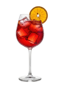 Ultra-detailed high-key studio shot of a vibrant red aperitif cocktail in an elegant copa glass covered in condensation and a backlit orange garnish. Concept for beverage advertising