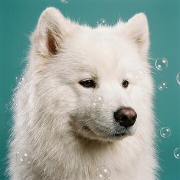 Fluffy white Samoyed dog posing with whimsical soap bubbles against a solid teal background.