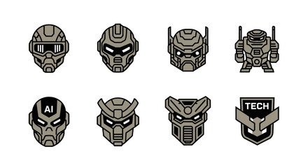 A detailed collection of stylized robotic head designs and a tech-related badge, featuring various futuristic mech concepts, presented in a minimal, professional, and symmetrical line art ar