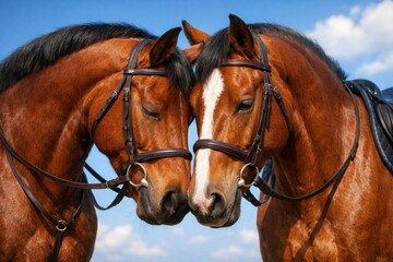 Obraz premium Bay horses touching heads in affectionate pose, pair of brown stallions with leather bridles, equestrian portrait of two horses outdoors