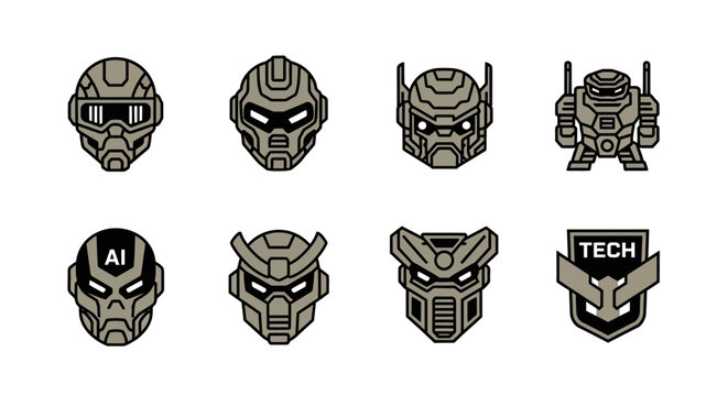 A detailed collection of stylized robotic head designs and a tech-related badge, featuring various futuristic mech concepts, presented in a minimal, professional, and symmetrical line art ar