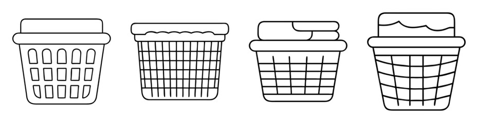 Four laundry baskets, varying in design and fullness, black outline only