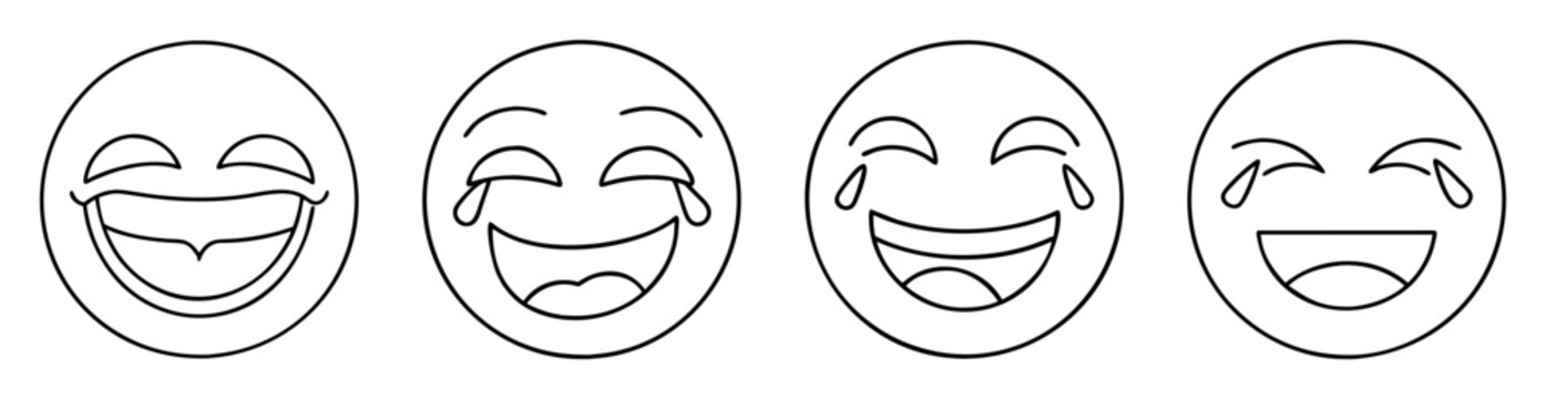 Four different variations of the laughing emoji icons in black and white
