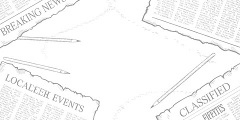 Obraz premium Torn newspaper pages with headlines breaking news classified and local events with pencils