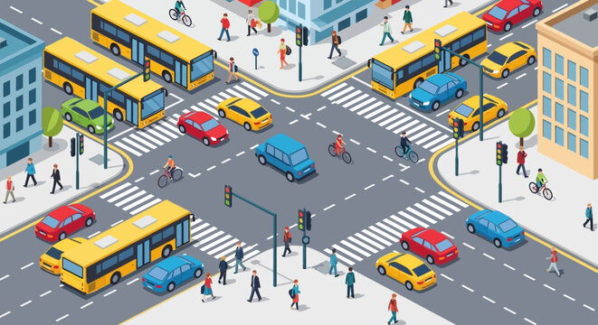 Busy City Intersection with Cars, Buses, and Pedestrians