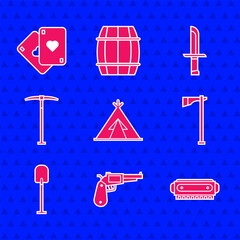 Set Indian teepee or wigwam, Revolver gun, Harmonica, Tomahawk axe, Shovel, Pickaxe, Military knife and Playing cards icon. Vector © Vadim