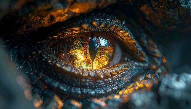 Intense Golden Eye of a Mythical Dragon Close-Up.
