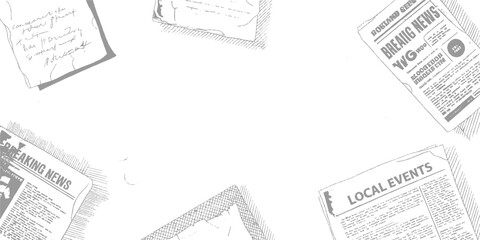 Obraz premium Scattered newspapers and handwritten notes on a white background in a style breaking local events