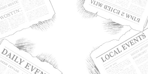Obraz premium Torn grey newspaper pages with headlines daily events and local events and scattered text white