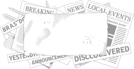 Fototapeta premium Torn paper with news headlines and pencils on grey background newspaper breaking