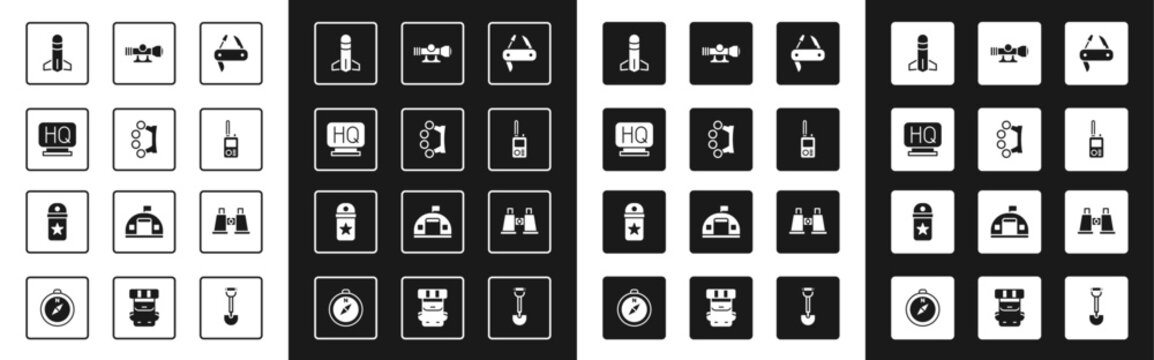 Set Swiss army knife, Brass knuckles, Military headquarters, Rocket, Walkie talkie, Sniper optical sight, Binoculars and Chevron icon. Vector