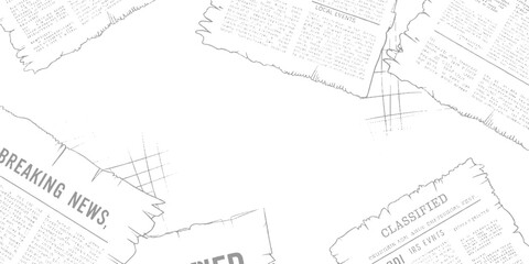 Obraz premium Torn newspaper pages with breaking news and classified ads in grayscale