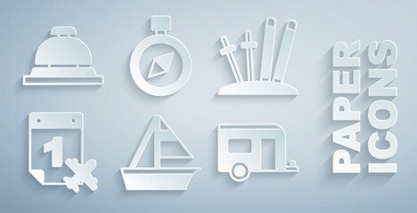 Fototapeta premium Set Yacht sailboat, Ski and sticks, Calendar airplane, Rv Camping trailer, Compass and Hotel service bell icon. Vector